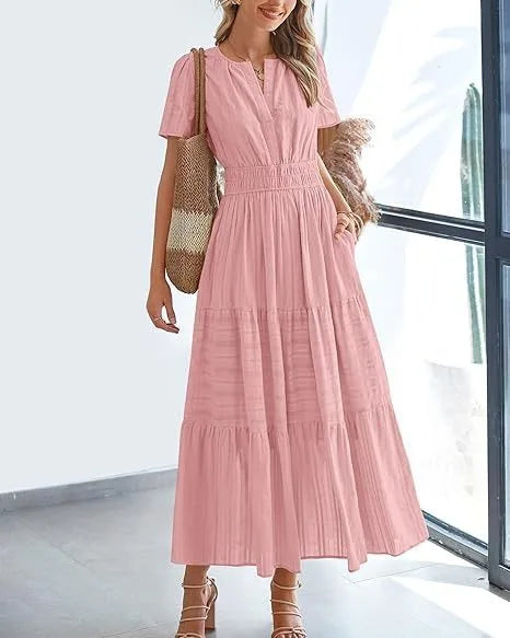 Summer Solid Color V-neck Tight Waist Dress French Style Elegant Pleated Large Swing Long Dress Casual Vacation Style Slimming M