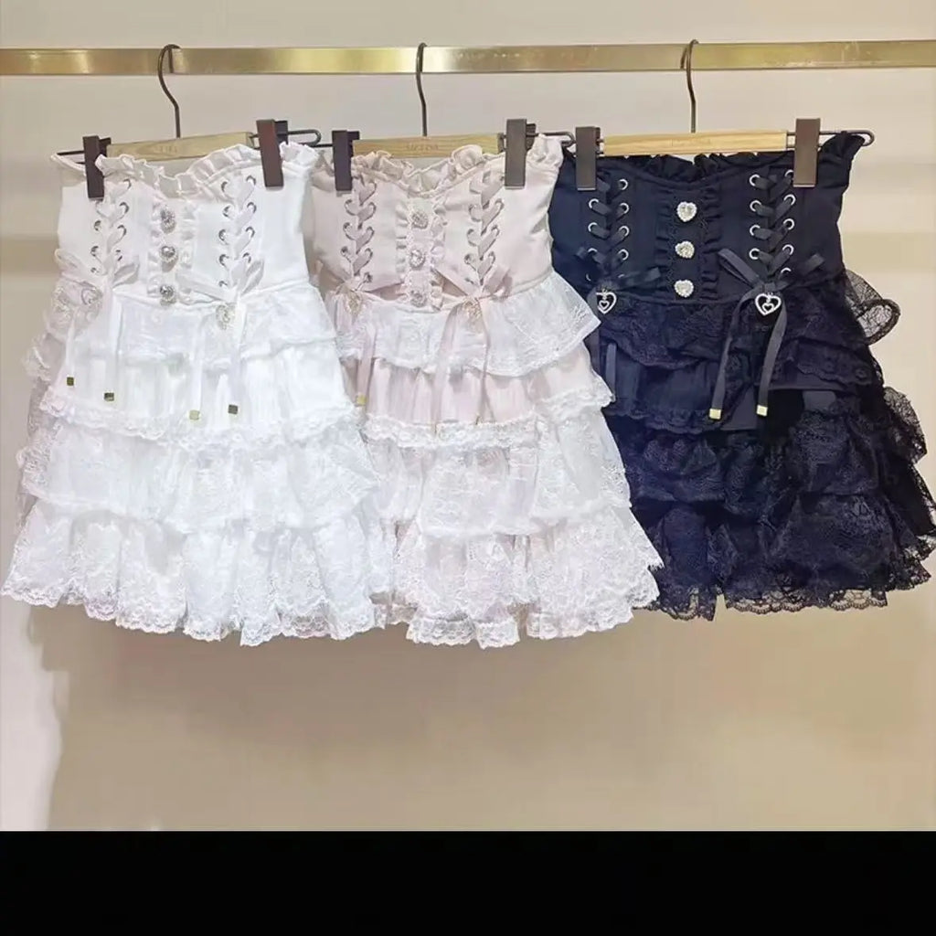 Japanese Lolita Y2k Lace Layered Skirt Women Anime High Waist Maid Style Chic Ruffle Cake Skirt Kawaii Harajuku Sweet Mini Skirt