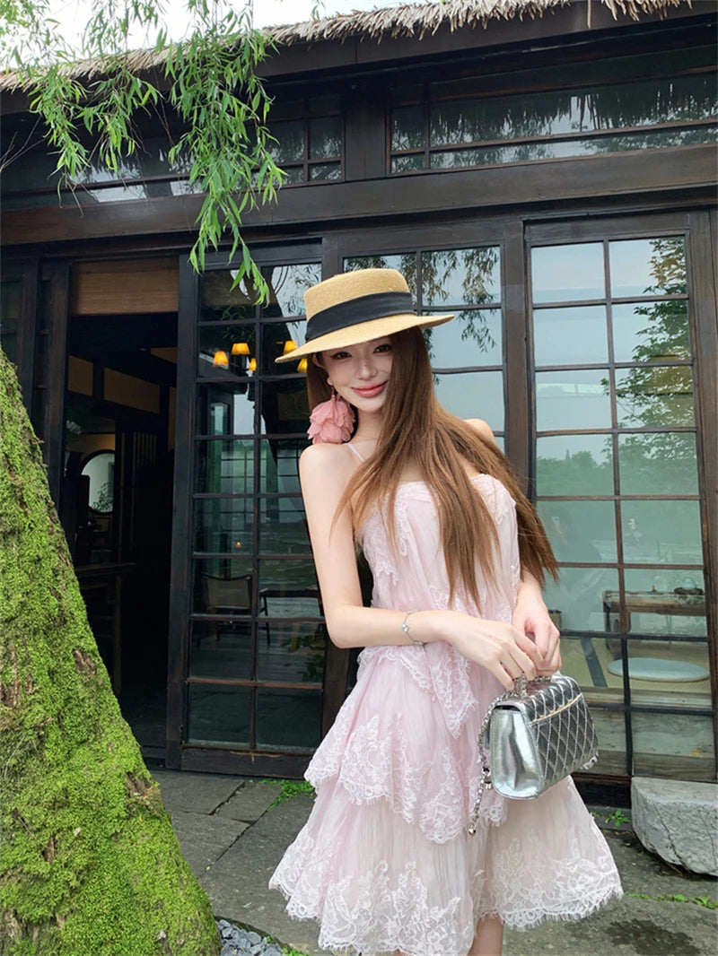 Sexy Splice Lace Heavyweight Strapless Vest Dress Loose Waist Spring Summer Autumn Sleeveless Backless City Commute Daily A-L...