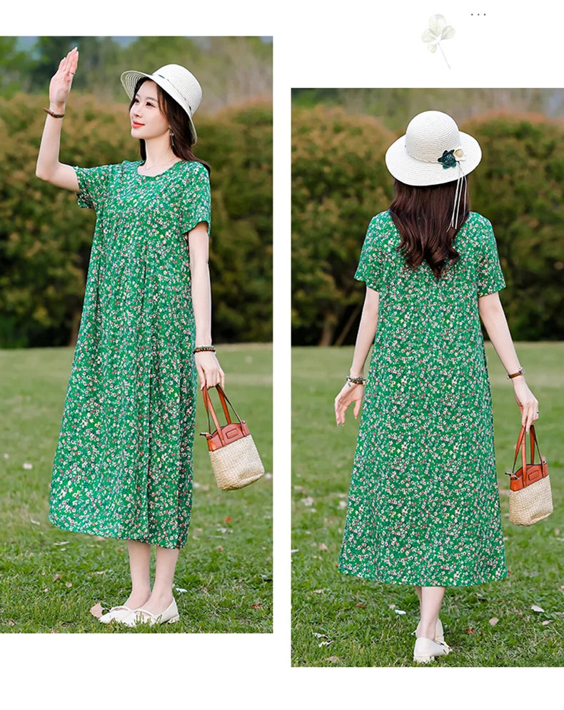 New Print plus size 2026 New Fashion Floral Printed Summer Dress Vestidos Elegant Short Sleeve Slim O-Neck Party Women clothing
