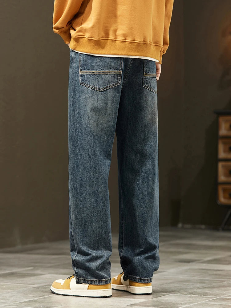 Winter Jeans Warm Fleece Thick Men's Wide Legs Denim Pants Fashion Loose Straight Retro Plush Velvet Casual Trousers Streetwear