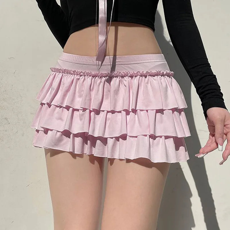 Pink Ruffled Mini Skirt Women Fashion Sexy Bow Pleated Skirt Casual Layered Sweet Preppy Style Summer Hot Skirt.