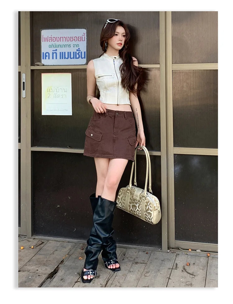 High Waist A-Line Mini Skirt Denim Skirt Women's Multi-Pocket Anti-Light Workwear Half Skirt Street Style Casual Wear