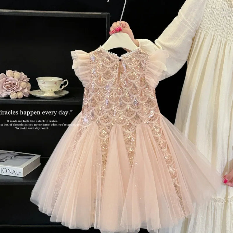 2026 New Summer Party Dresses for Girls Children's Elegant Fashion Mesh Flying Sleeves Sequined Tank Top Princess Skirt S3069