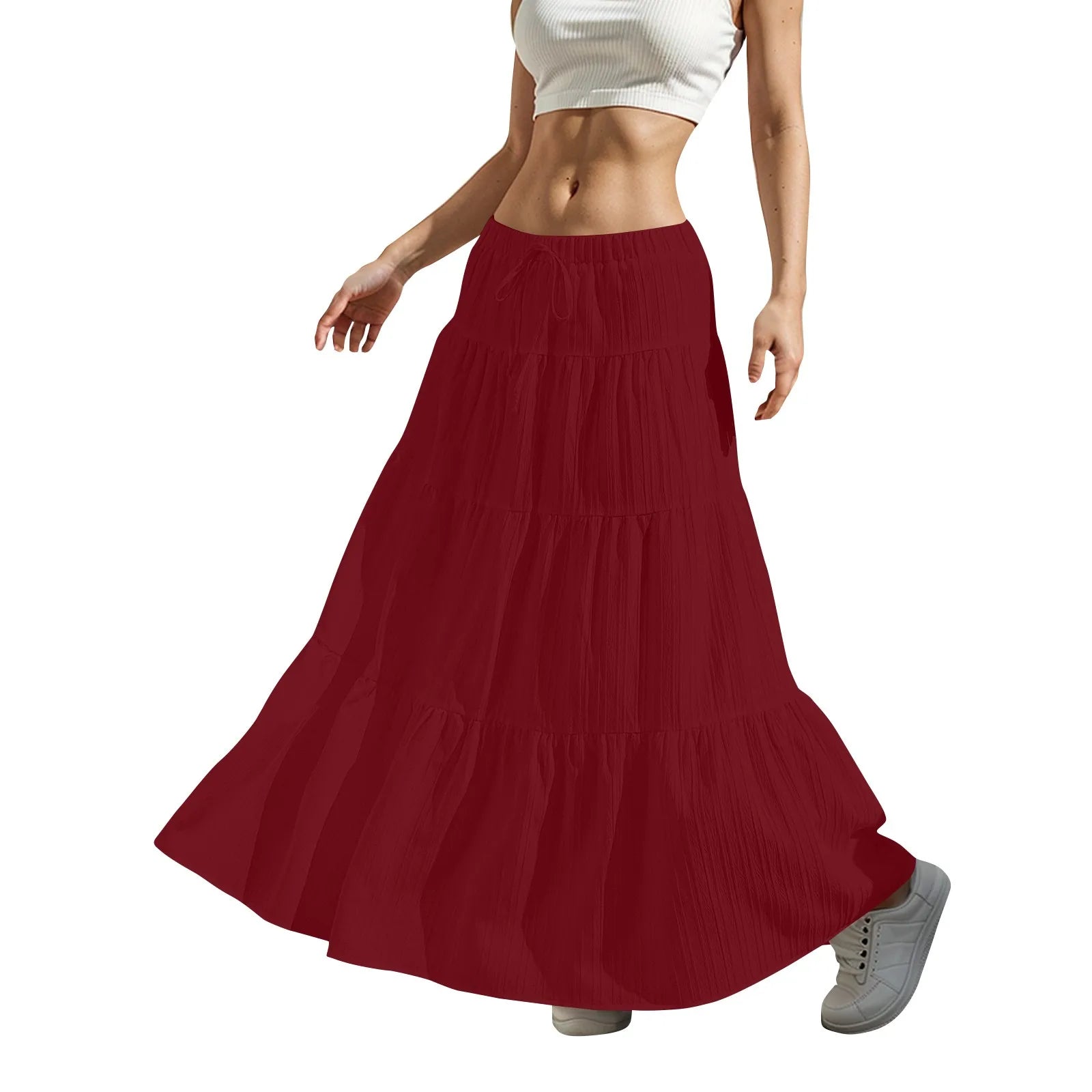Women's Flared Ruffle Hem Maxi Skirt Fashion Women Solid Long Skirts Elastic Waist Elegant Long Skirt Spring Summer Cake Dress