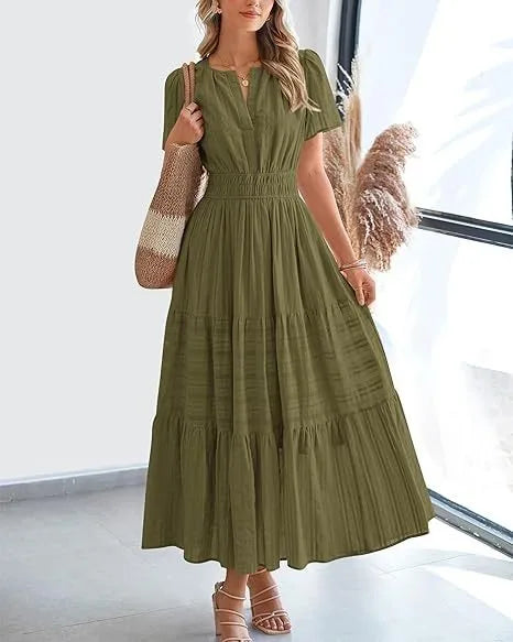 Summer Solid Color V-neck Tight Waist Dress French Style Elegant Pleated Large Swing Long Dress Casual Vacation Style Slimming M