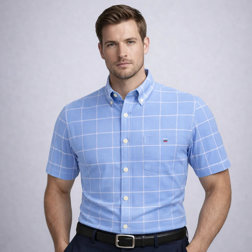 100% Cotton Breathable Men Oxford Short Sleeve Summer Plaid Striped Male Shirt Business Regular Fit Oversized Clothes