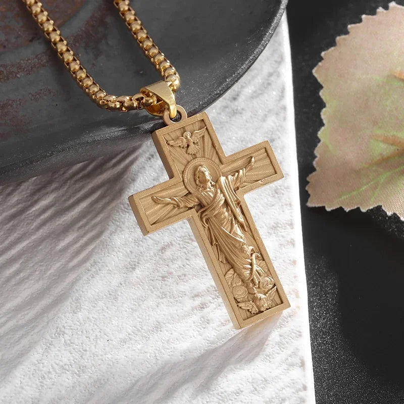 Jesus Christ Cross Mens Necklace Gold Color Cross Religious Pendant Necklace Accessory Chain Accessories