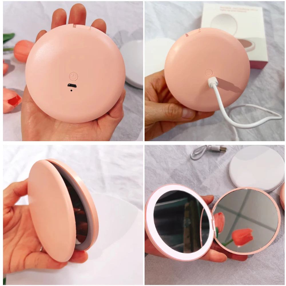 Mini LED Luminous Makeup Mirror Personalized Small LED Light USB Cosmetic 2 Side Folding Makeup Compact Pocket Mirror