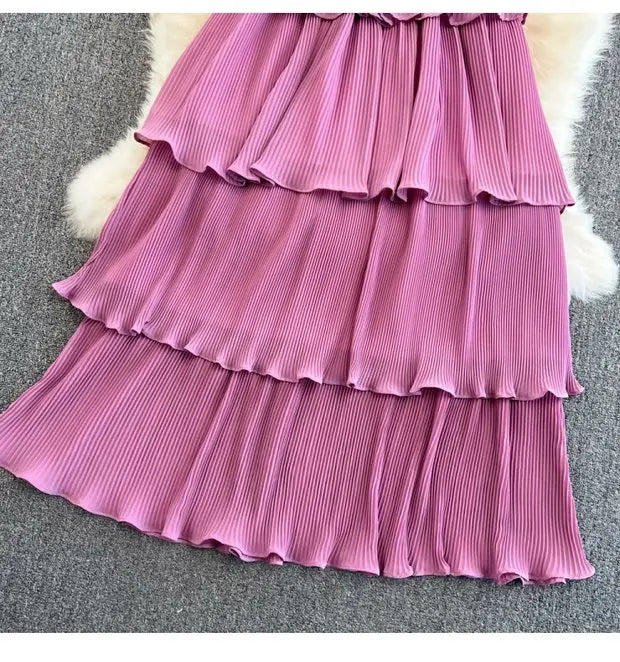 Beach Vaion Vintage Women's V-ne High-waist Cake Dr Ele Aosphere Maxi Skirt Loose Fit ort Sve Ci Commute
