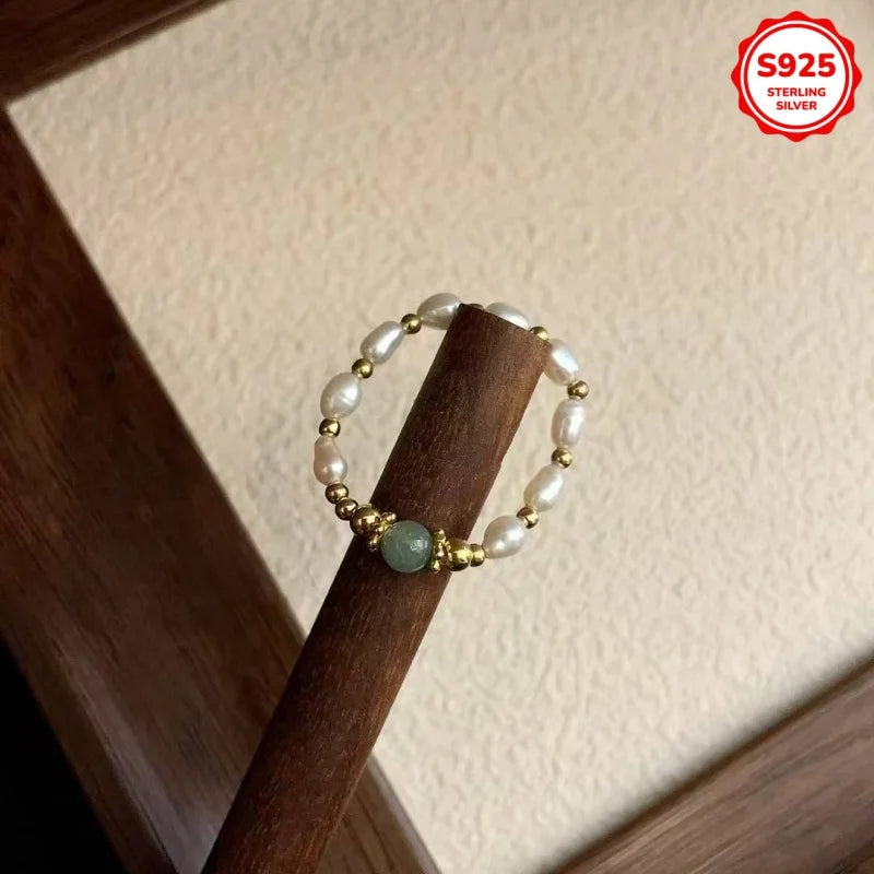 Fashionable Luxury 925 Silver Natural Stone Freshwater Pearl Women's Elastic Ring Daily Style Imves Fine Jewelry