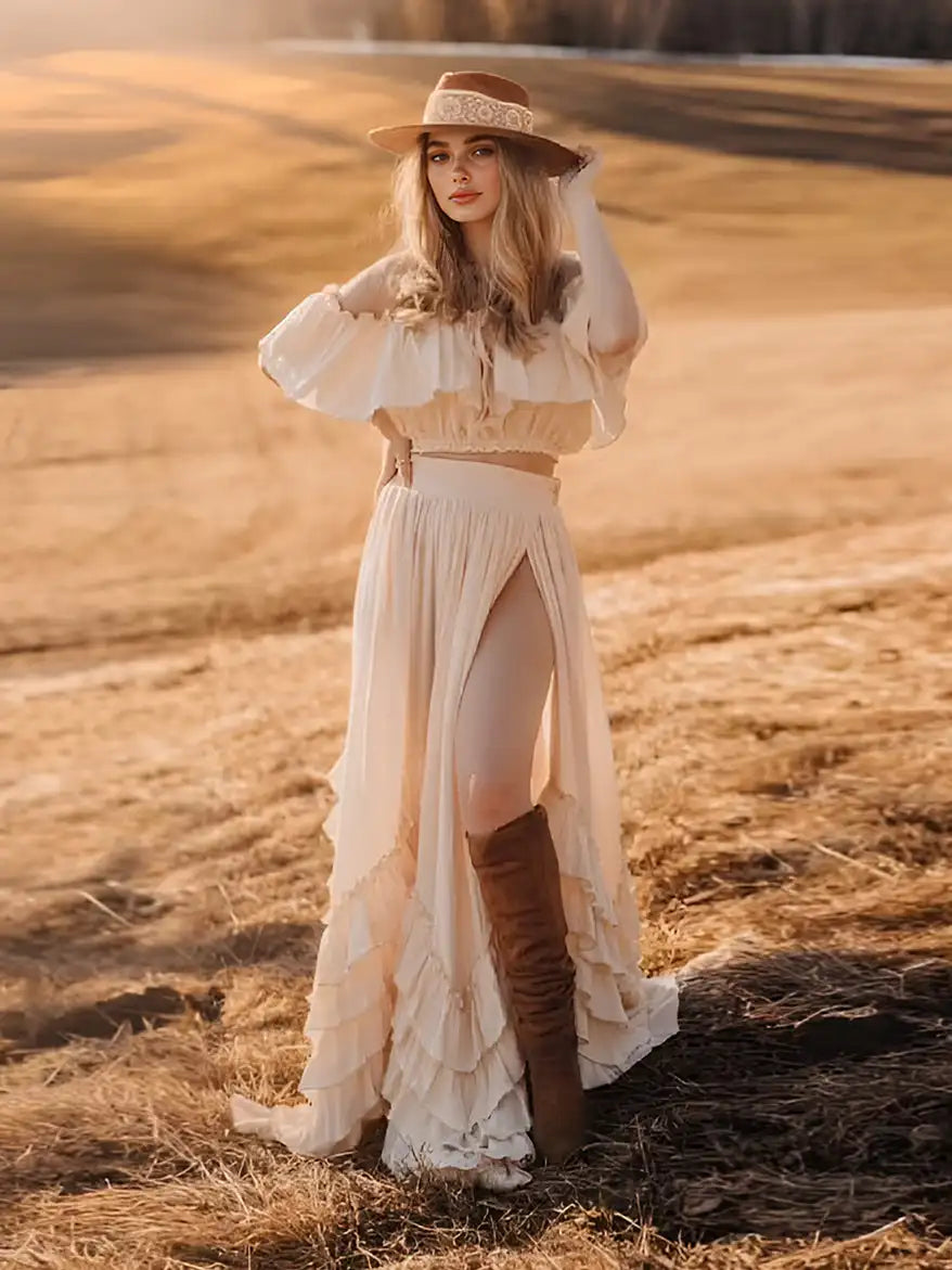 2-Piece Off-the-Shoulder Boho Evening Dress - Floor-Length Maternity