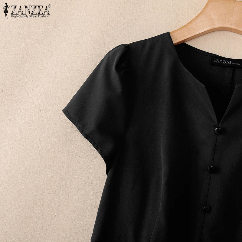 Stylish Summer Dress 2025 ZANZEA Women Elegant V-Neck Midi Dresses Office Work Sundress Short Sleeve Solid Buttons Vestidos Robe