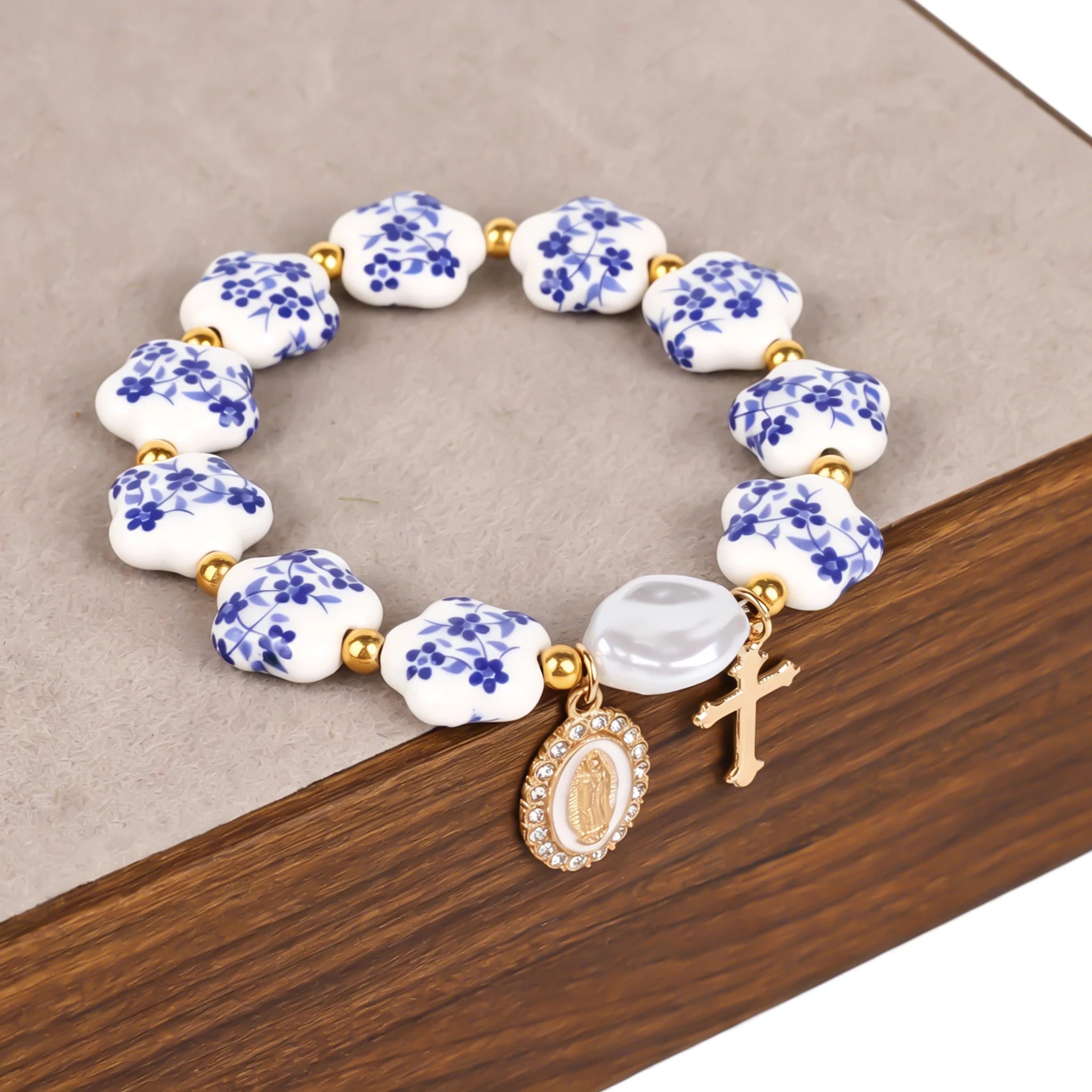 Jesus Cross Bracelet Women'S Men Blue White Porcelain Ceramics Beads Ascension Day Western Wear Pulseras Spring Summer Jewelry