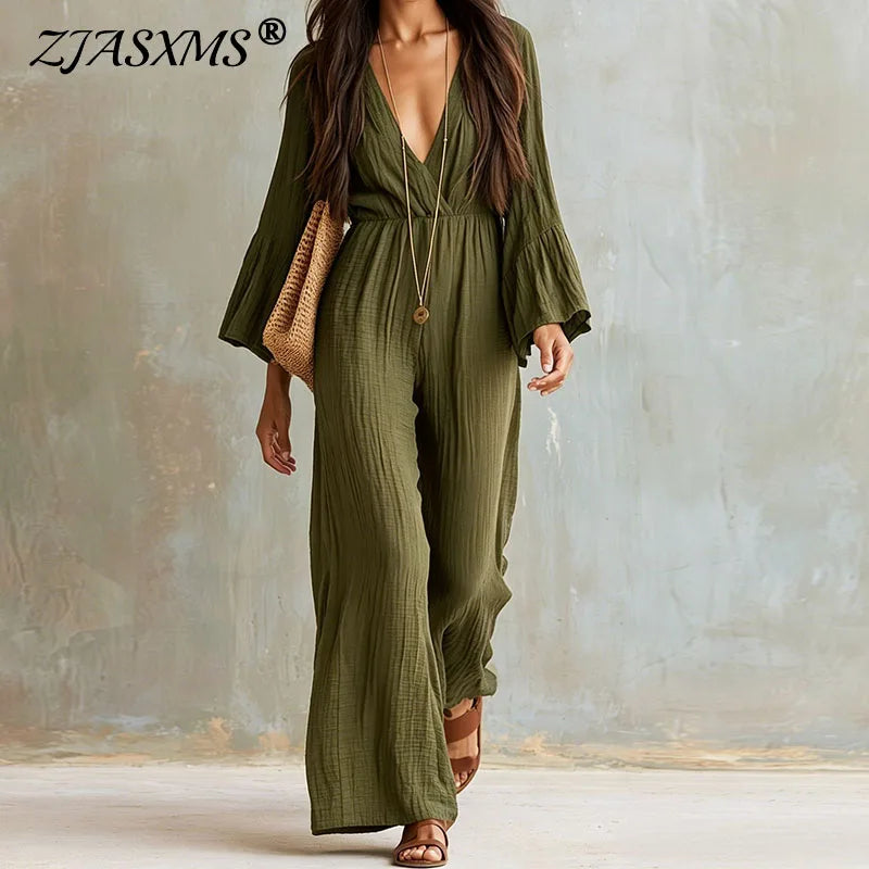 Women Solid Crinkle Jumpsuit Deep V 3/4 Flare Sleeve Elastic Waist Pocket Wide Leg Playsuit Bohemian Autumn Beach Holiday Romper