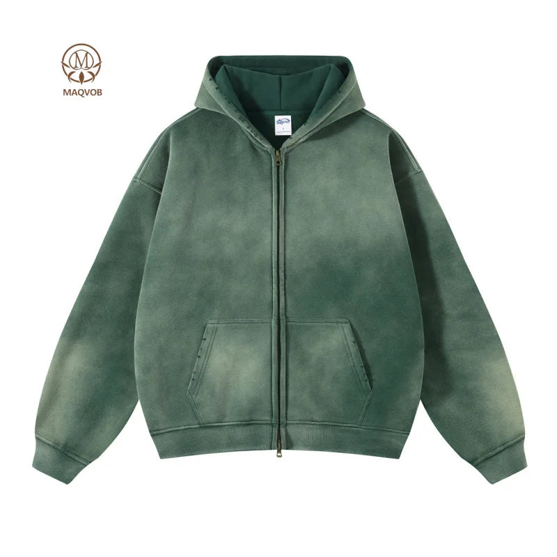 Maqvob European And American High Street Autumn Tie Dye Washed Vintage 360G Fleece Lined Double Zip Puller Sweatshirt Hoodie
