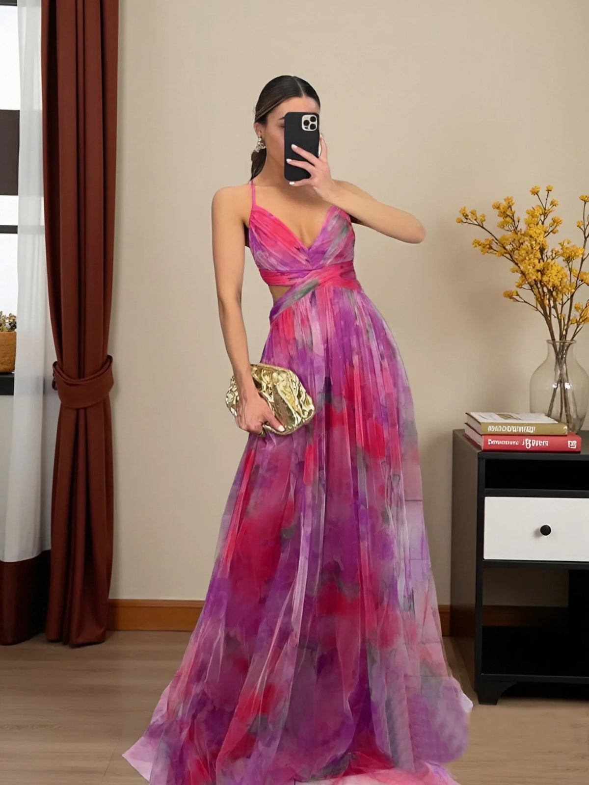 2026 NEW WOMEN'S MESH PRINT BACKLESS CAMISOLE DRESS, LIGHT LUXURY ELEGANT EVENING GOWN FOR PARTIES