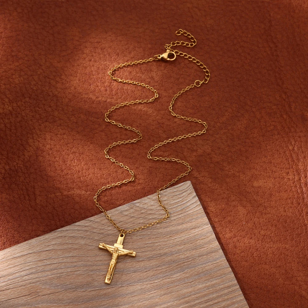Stainless Steel Jesus Cross Necklace For Women'S Men Gold Color Caravaca Angels Crucifix Charm Choker Rapper Jewelry Hip Hop