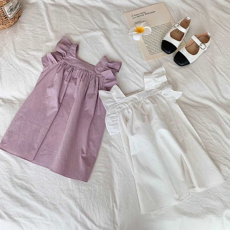 MILANCEL Girls Dresses 2024 Summer Little Fresh Kid's Flare Sleeve A-line Dress Simple Square Collar T-shirt Dress 2-7 Y