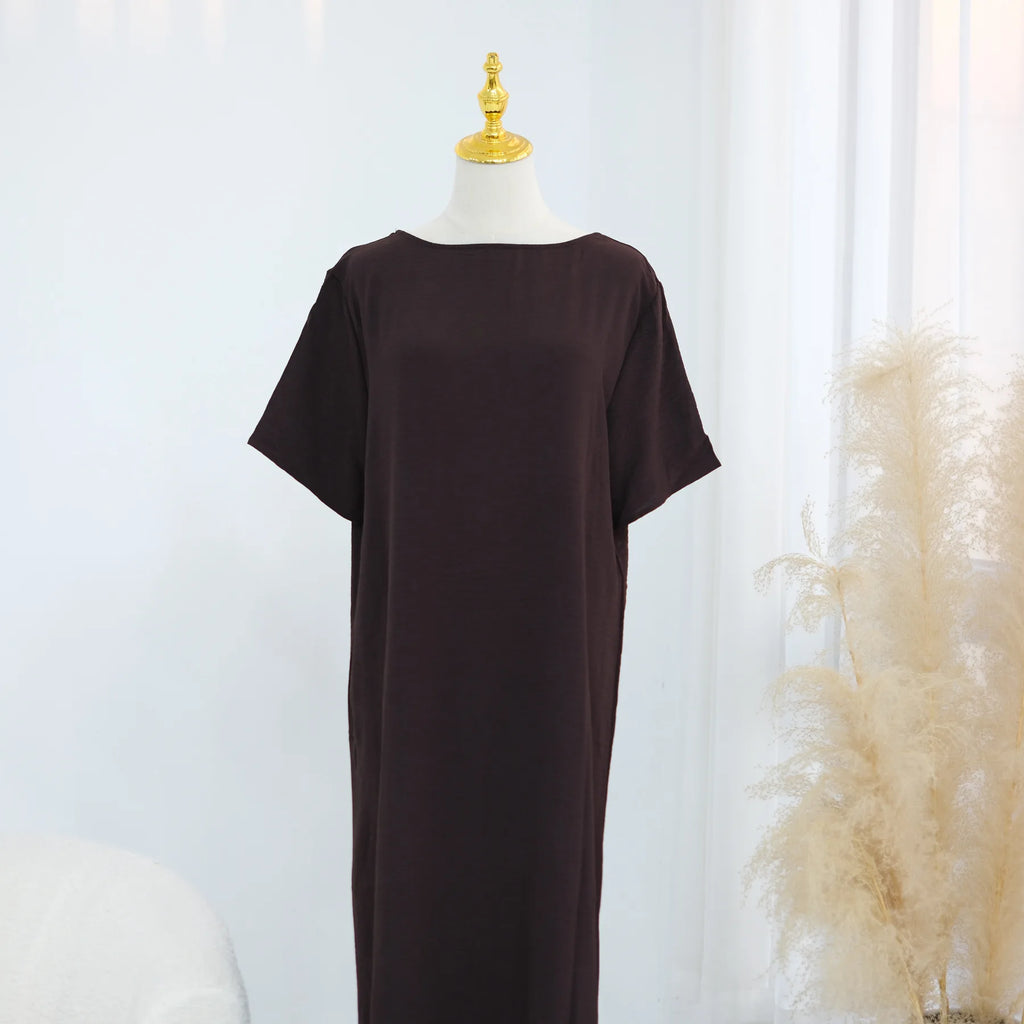 Modest Short Sleeve Women Inner Dress Basic Abaya Muslim Eid Ramadan Round Neck Maxi Loose Casual Long Versatile Fashion Kimono