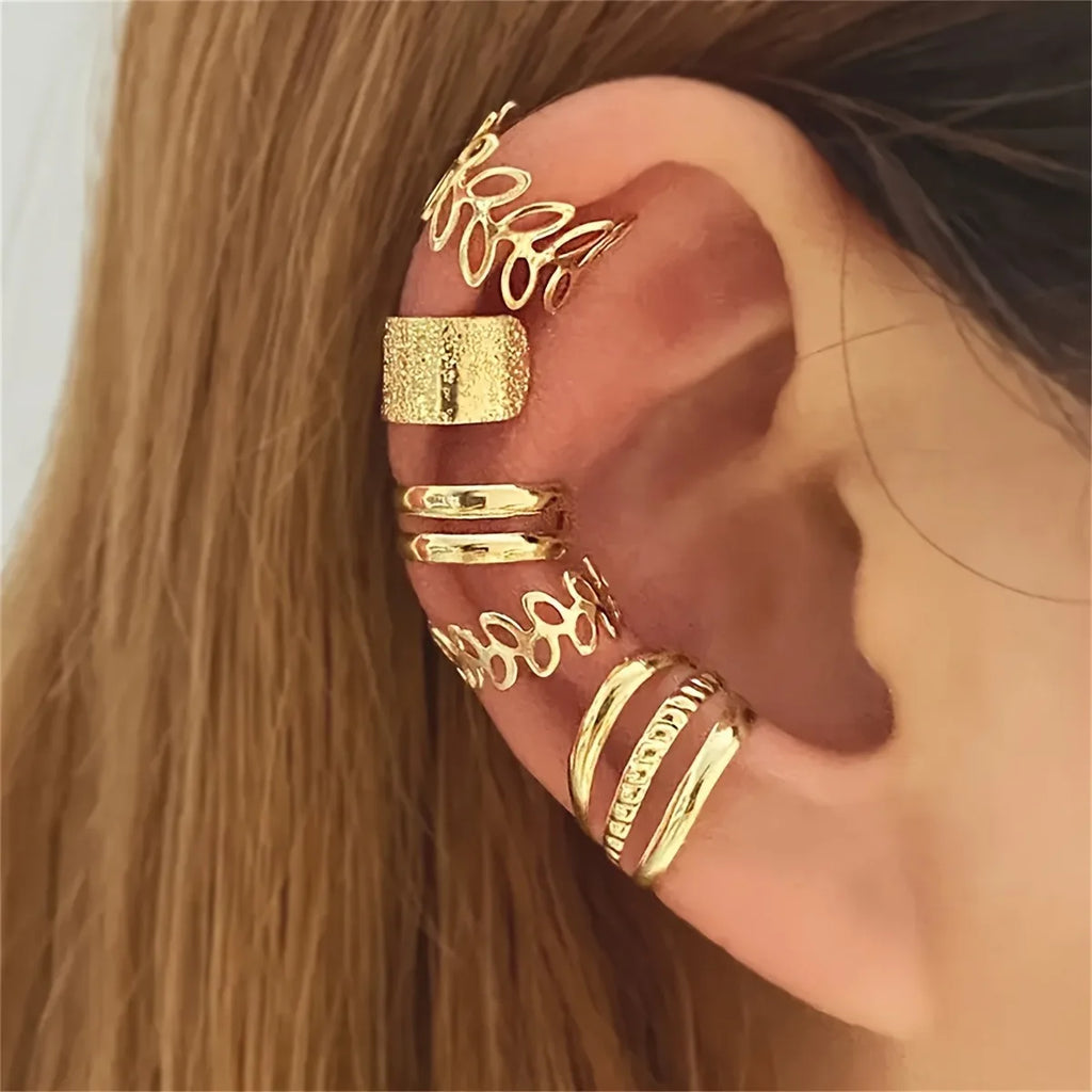 5Pcs/Set Trendy Elegant Design Ear Cuff Classic Elegant Style Gifts Women'S'S No Piercing Clip Silver Earrings Circle Leaf Shaped