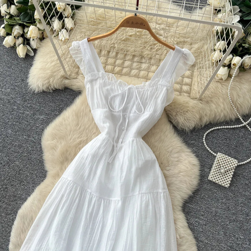 Summer French Sweet Camisole Ruffle Edge Dress for Women New Style with Straps Waist Cinching Vacation Style Dress C579