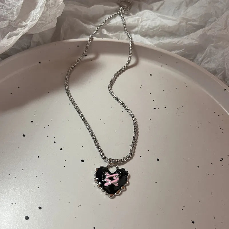 Harajuku Punk Love Heart Rhinestones Gothic Titanium Steel Necklace For Women'S New Cool Girl Jewelry Gifts For Friend
