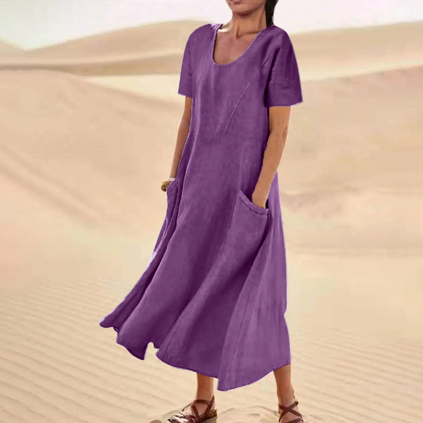 Women Solid Cotton Linen Round Neck Short Sleeve Loose Flowy Maxi Dress EU US Gown