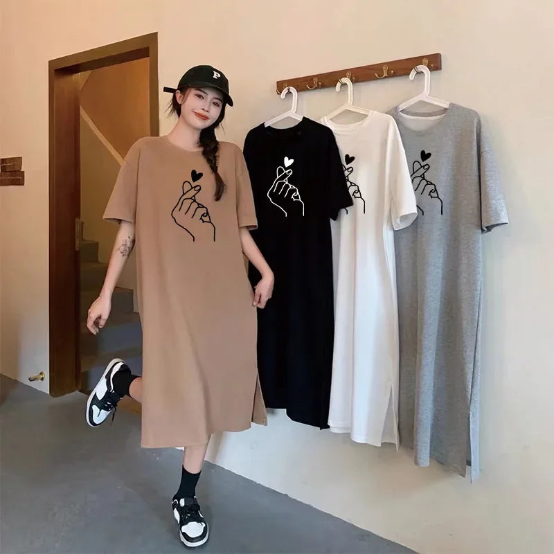 Spring and Summer Simple Temperament and Elegant Heart-print Large Size Loose Dress Casual Women Short-sleeved Going Out Dresses