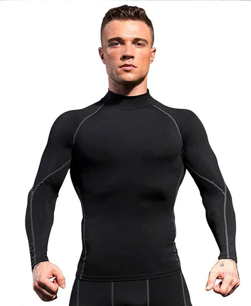 Turtleneck Gym Compression Long Sleeve Workout Shirt Men Bodybuilding Tight Running Sportwear Fitness Mens Sports Shirt