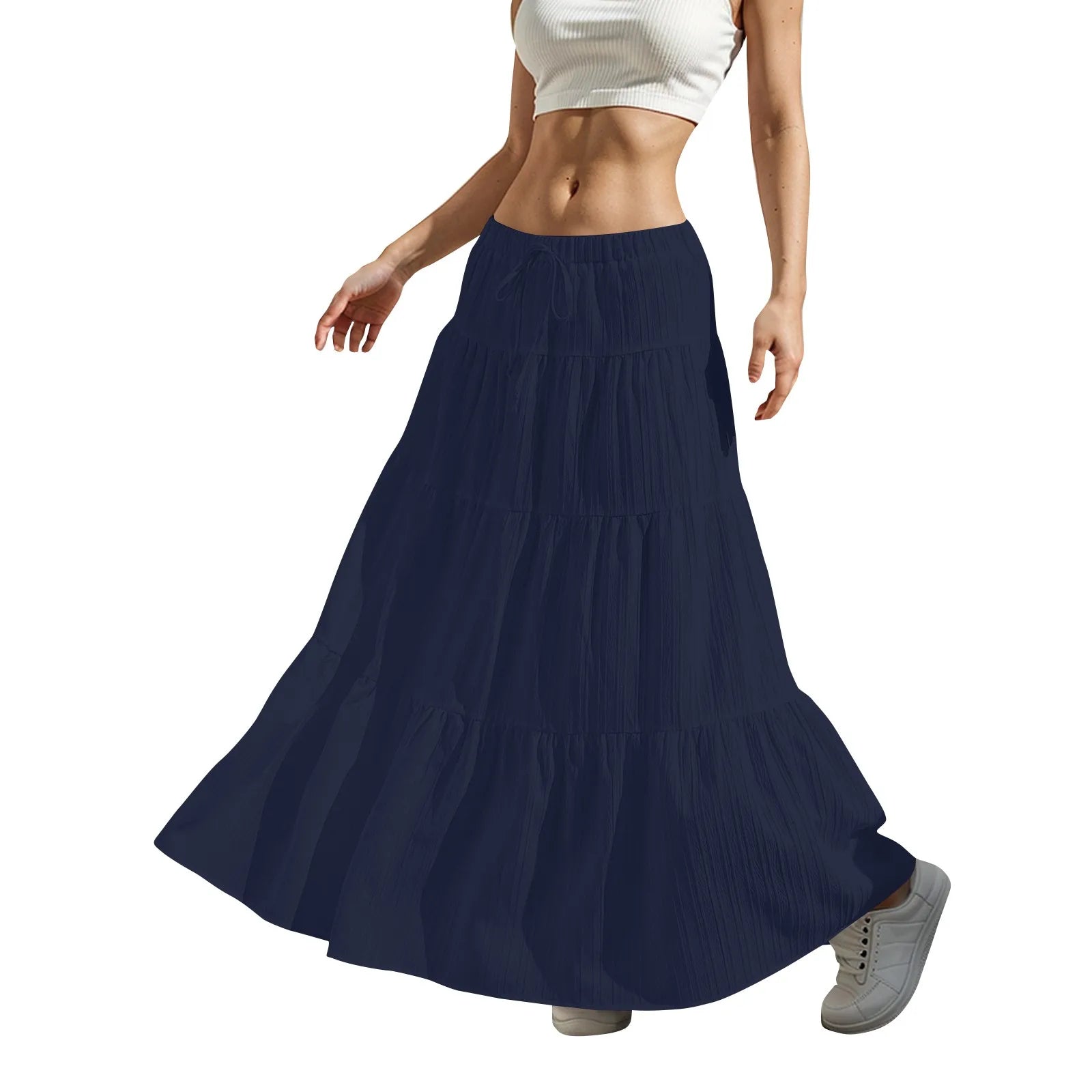 Women's Flared Ruffle Hem Maxi Skirt Fashion Women Solid Long Skirts Elastic Waist Elegant Long Skirt Spring Summer Cake Dress
