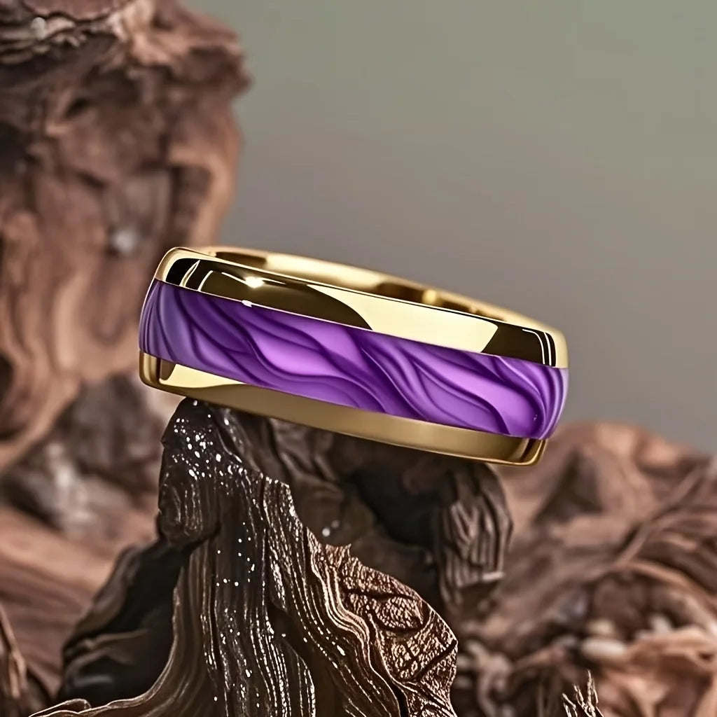 Wholesale 8MM Fashion Purple Shell Inlay Stainless Steel Rings Unique Women Wedding Band Jewelry Men's Ring Party Accessories