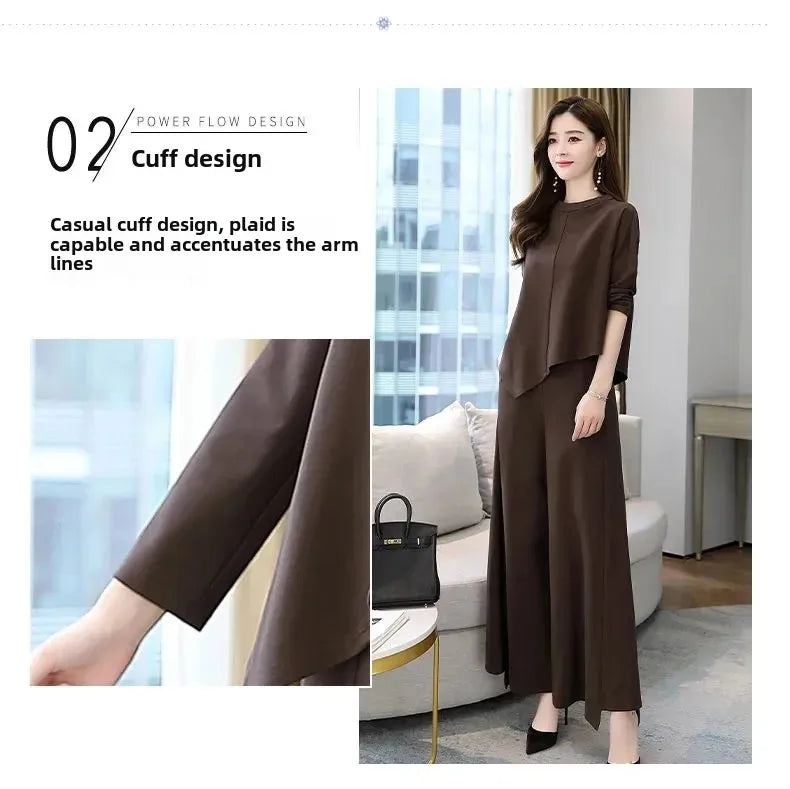 Spring Autumn Wide Leg Pants Set Women's Anti Aging Belly Cover Slimming Casual Elegant Skirt Pants Two Piece Set
