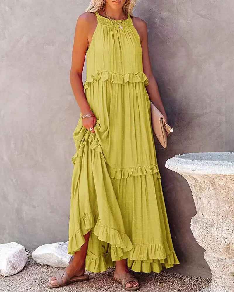 Women Halter Neck Maxi Dress Sleeveless Ruffle Tiered Loose Flowy Bohemian Beach Long Dress