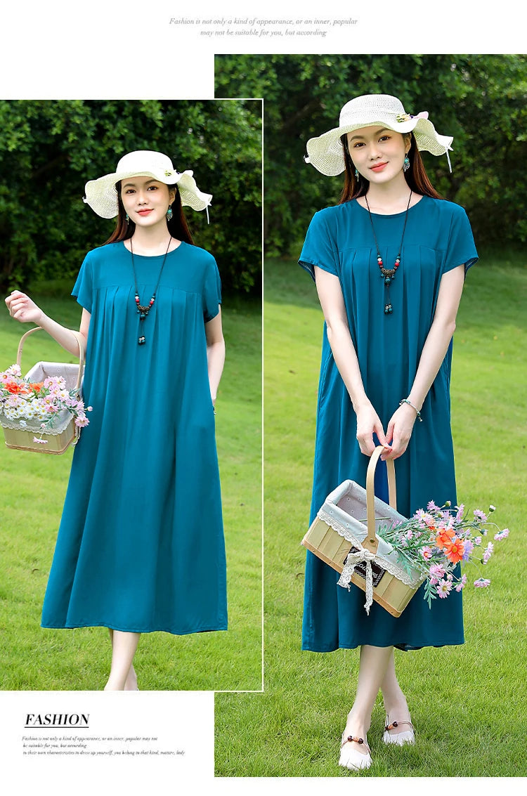 New Fashion Casual 2025 Summer Elegant Dresses For Women O-Neck Print Vintage Short Sleeve Dress Loose Women Clothing
