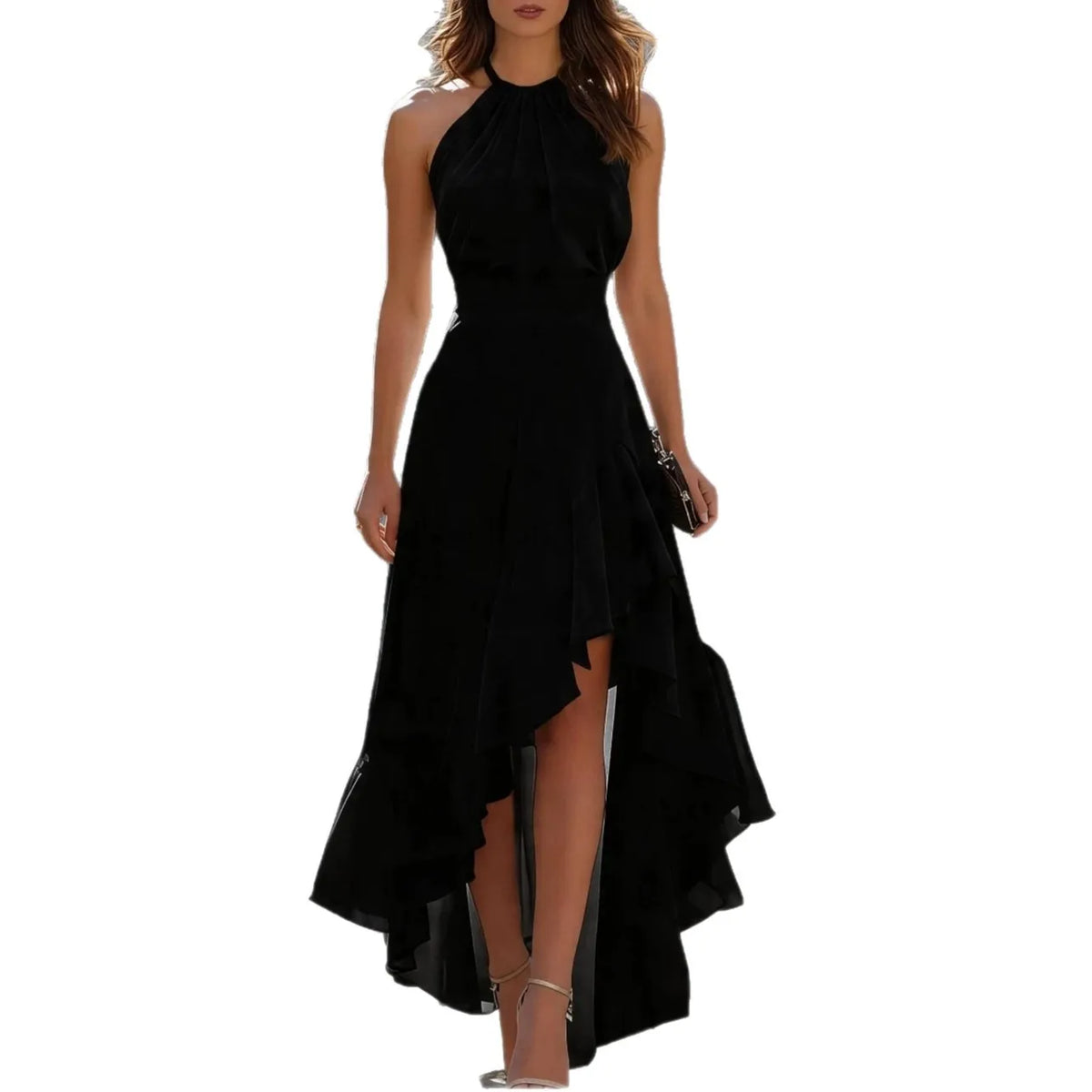 Women Halter Neck Sleeveless Ruffle Asymmetrical  Maxi Dress  Summer Beach Vacation