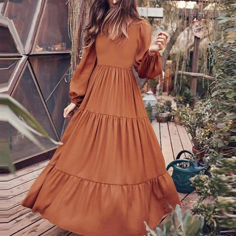 Woman's Solid Color V Neck Dress Elegant A Line Maxi Dress with Pleated Long Sleeves Femme Robe Solid Color Big Swing for Dating