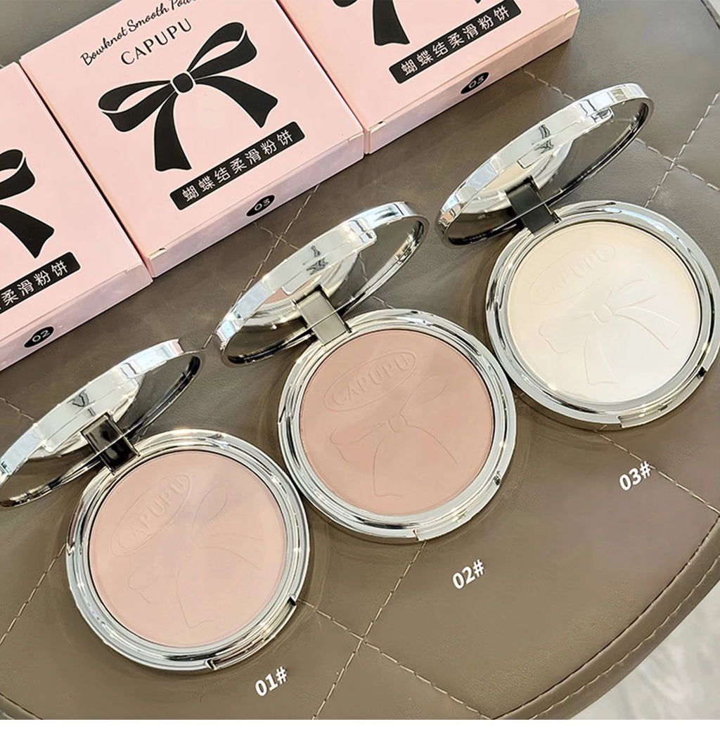 Bowknot Pressed Powder Transparent White Matte Brighten Concealer Long-lasting Oil Control Face Makeup Smooth Setting Powder