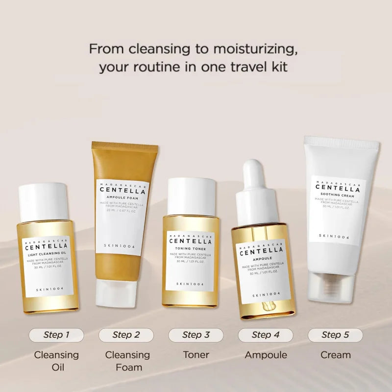 Korean Madagascar Centella Travel Kit, Toner, Ampoule, Soothing Cream, Cleansing Oil, Ampoule Foam, Basic Skincare Mini 5pcs