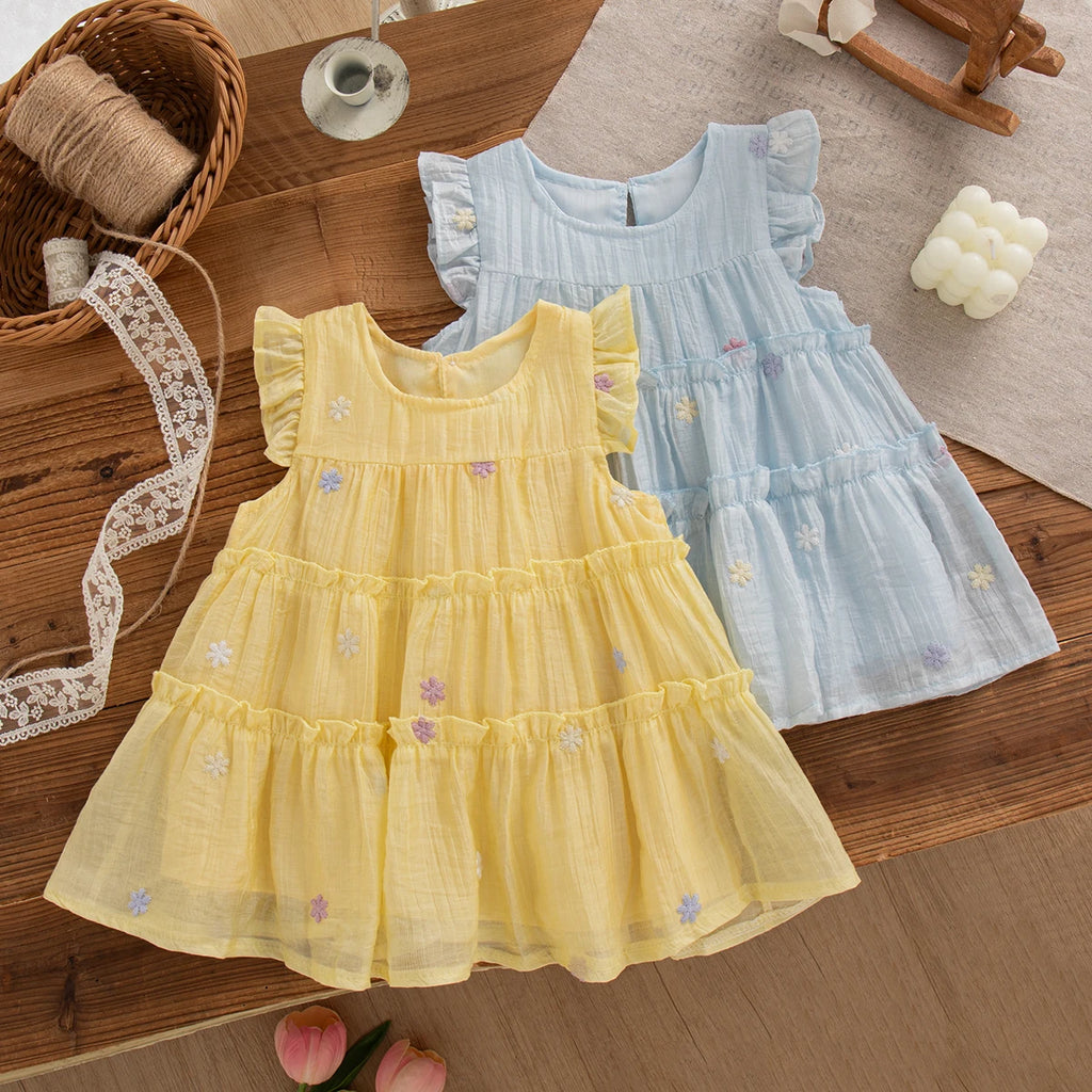 Korean Style Trend Sweet Flowers Embroidery Birthday Party Baby Girl Dress Summer Thin Short Sleeves Crew Neck Toddler Dress