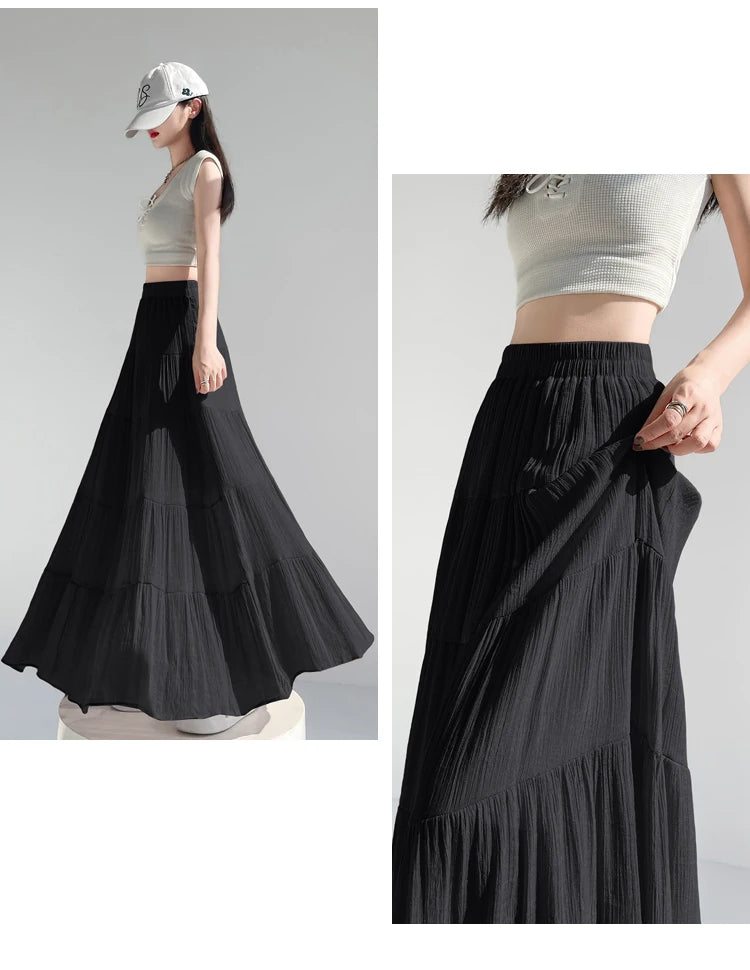 linen patchwork skirt for women in summer, high waist, medium length cake skirt, elegant umbrella skirt, slimming long skirt