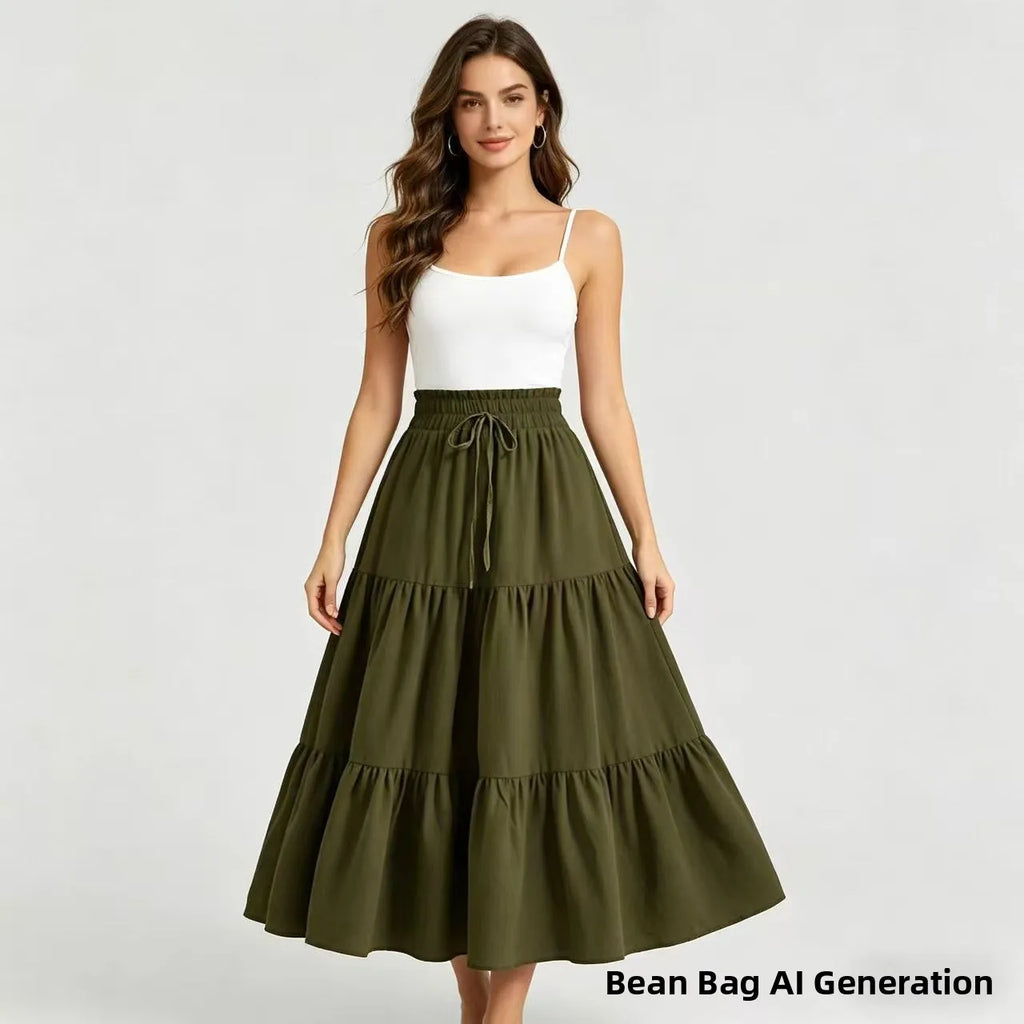 Elegant High Waist A-Line Midi Skirt with Drawstring Pure Color Women's Fashionable Versatile Half-length Skirt for Casual Tr...