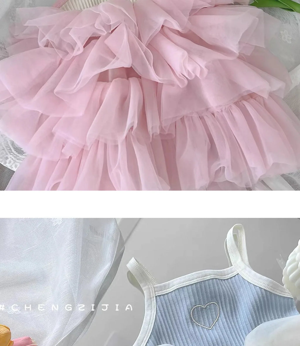 ZOETOPKID Summer Girl Princess Dress Stylish Baby Strap Vest Layered Dress Korean Puffy Mesh Skirt Toddler Kids Trendy Skirts