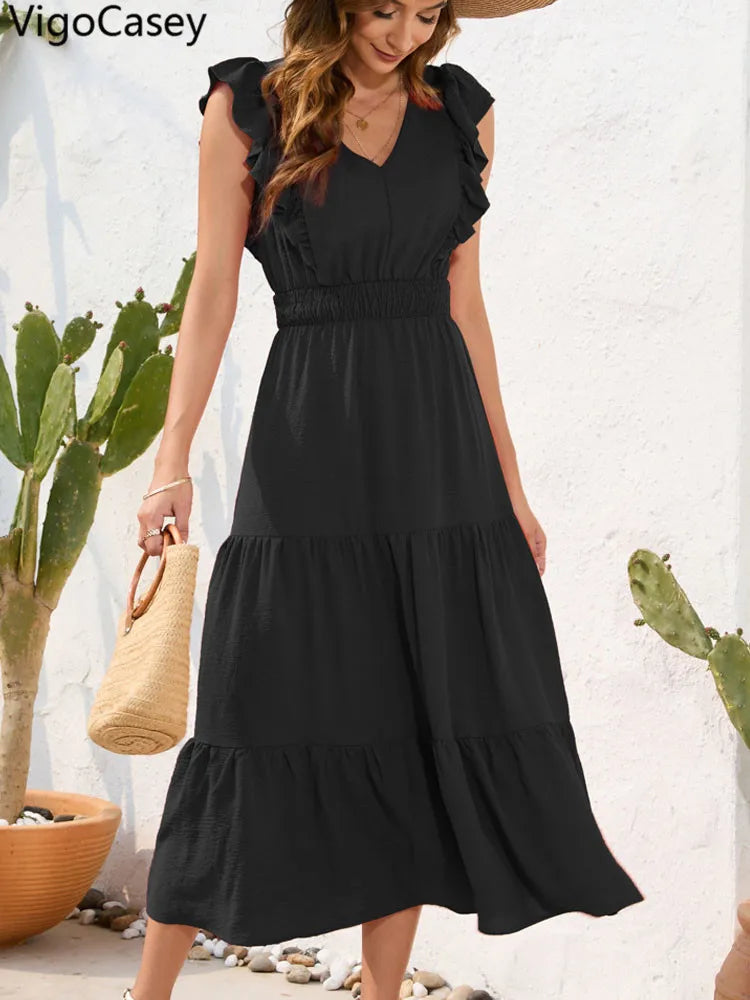 VigoCasey 2026 Summer Female Solid Long Dress Women Sexy Ruffle Sleeveless V Neck Long Dress Lady Casual High Waist Dresses