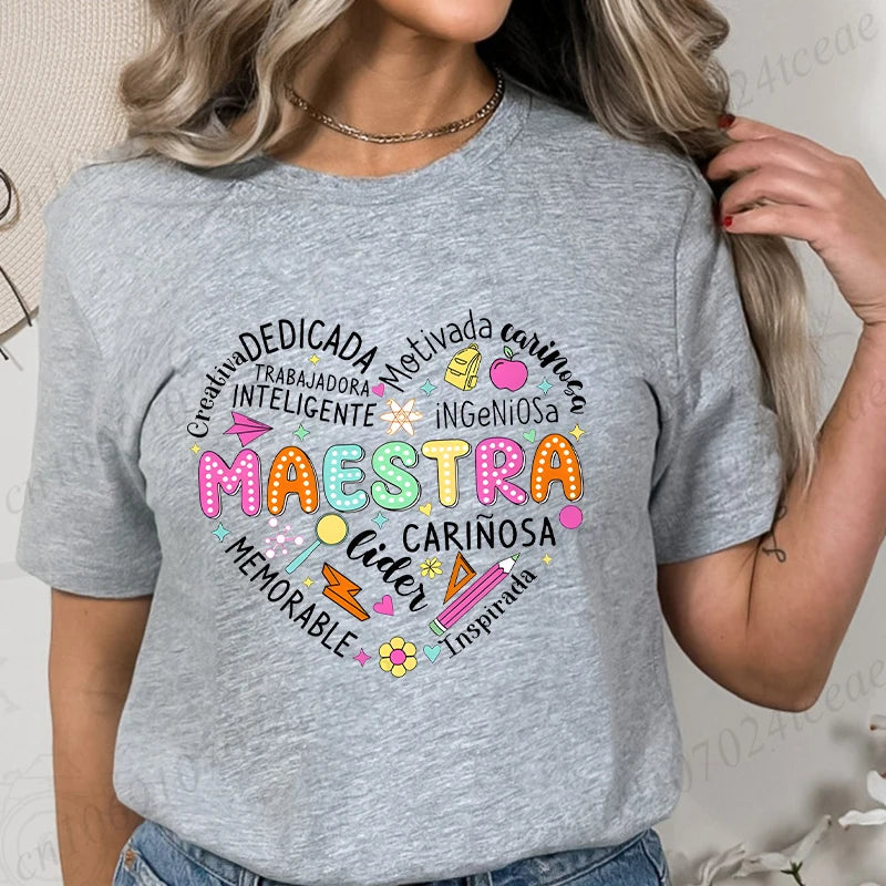 Spanish Maestra Women Girl T-shirt Casual Short Sleeve Round Neck Fashion Tee Shirt Teacher Comfy Tee Top Teacher Summer Clothes