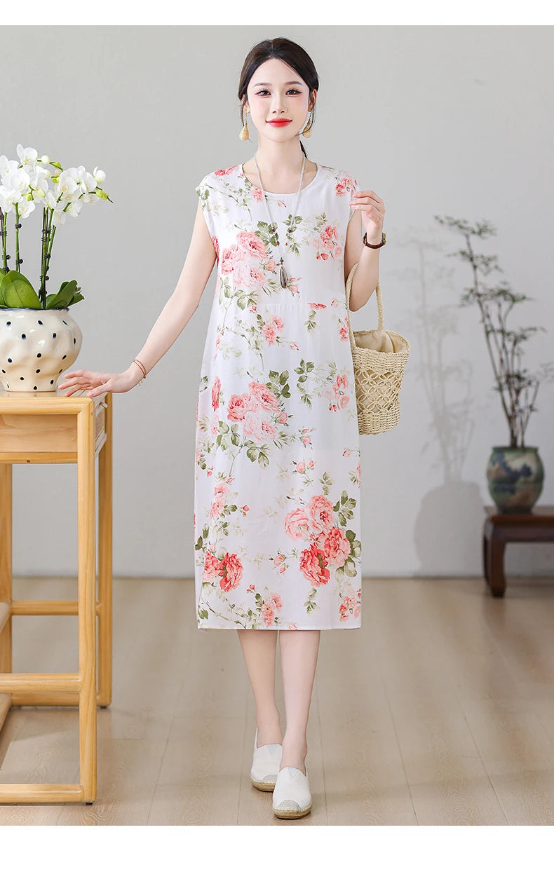 New Fashion Vintage Floral Print  Sleeveless Casual Party Femme Summer Dresses For Women 2025 O-neck Straight Women Clothing