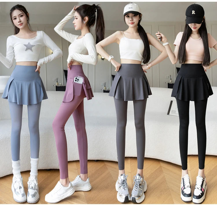 Women Fake Two Pieces Leggings Seamless Fitness Leggings High Waist with Pocket Elastic Slim Fashion Hip Liftting Yoga Pants