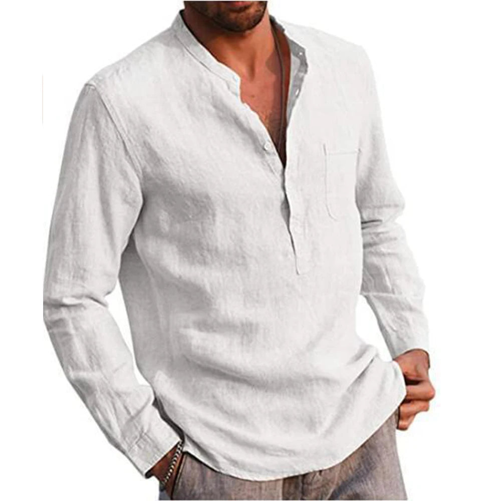Cotton Linen  Men'S Long-Sleeved Shirts Summer Solid Color Stand-Up Collar Casual Beach Style Plus Size