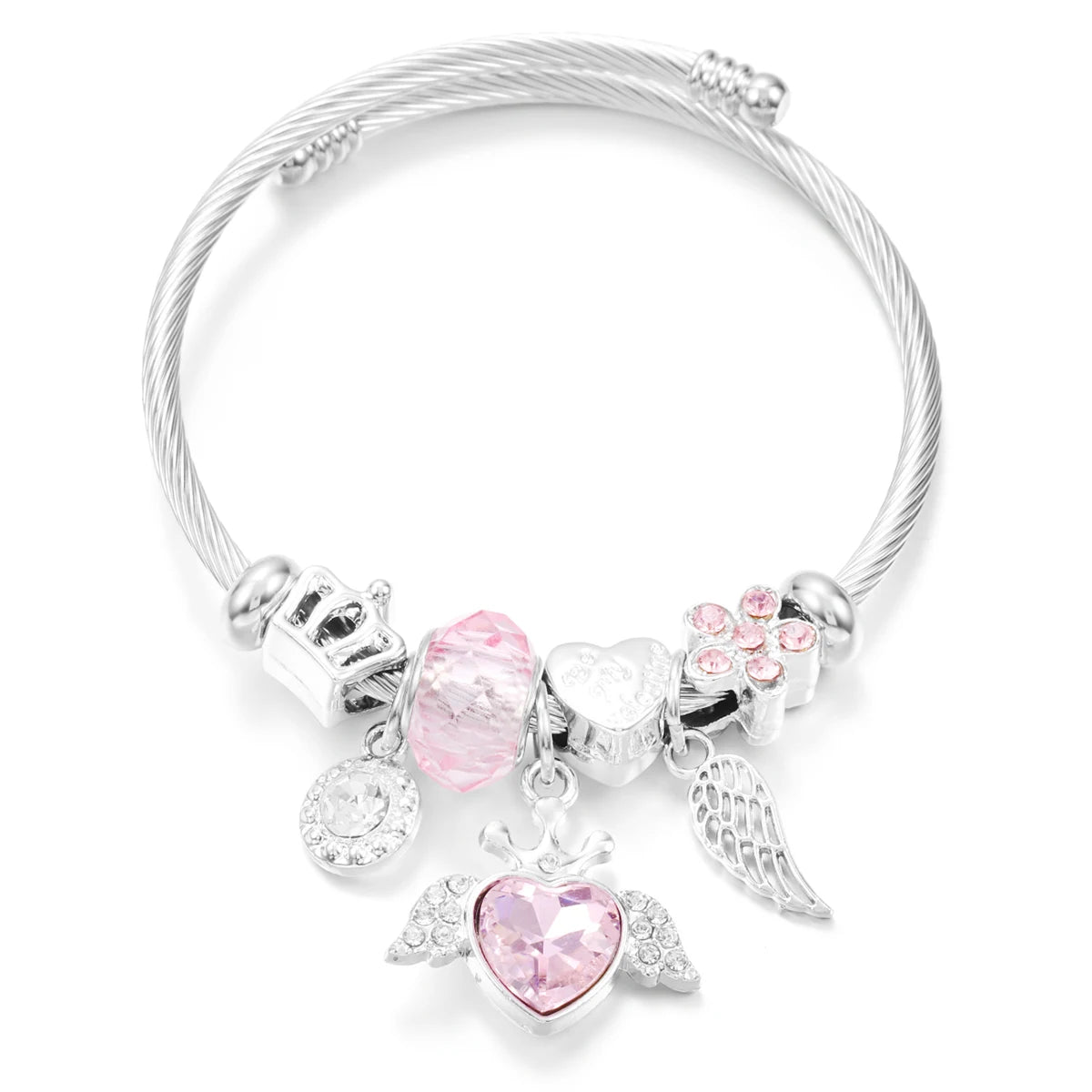 New Trendy Rhinestones Dragonfly Crystal Beaded Pendant Bracelet Stainless Steel 4 Colors Closure Bangles Women'S Bracelet Jewelry