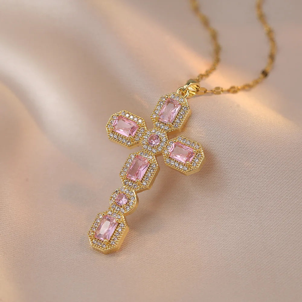 Luxury Big Cross Pendant Clavicle Necklaces For Women'S Silver Gold Color Square Pink White Zircon Choker Valentine Jewelry Gifts